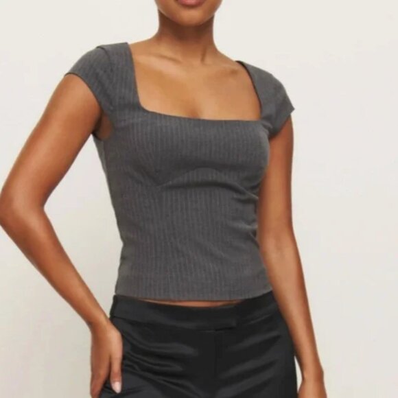 Reformation Hollyn Top Sz6 Charcoal Stripe Gray - Picture 1 of 7